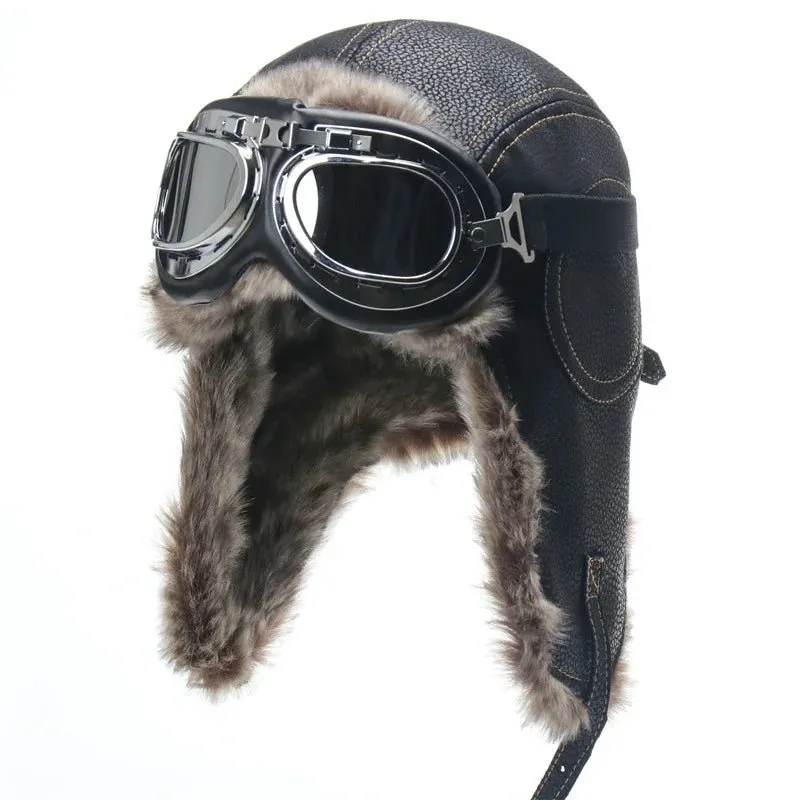 Leather Aviator Winter Hat With Goggles