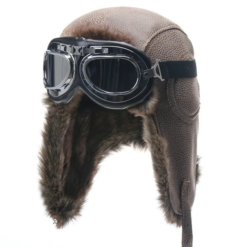 Leather Aviator Winter Hat With Goggles