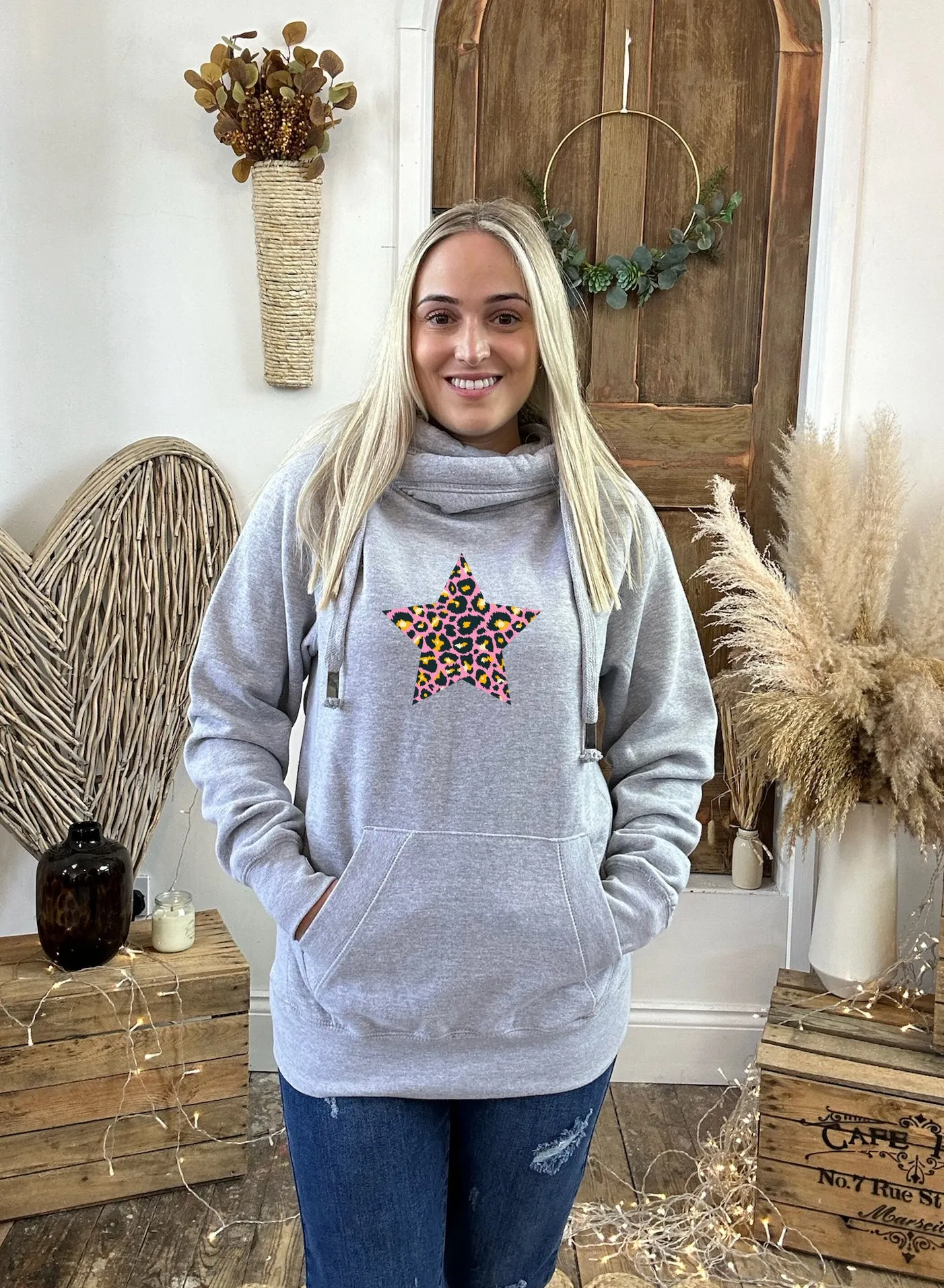 Leopard Pink Star Luxe Hoodie -  Grey