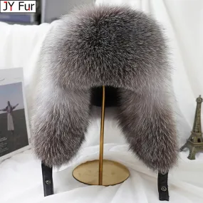 Luxury Men's Silver Fox Fur Bomber Hat – Real Fur Ushanka with Leather