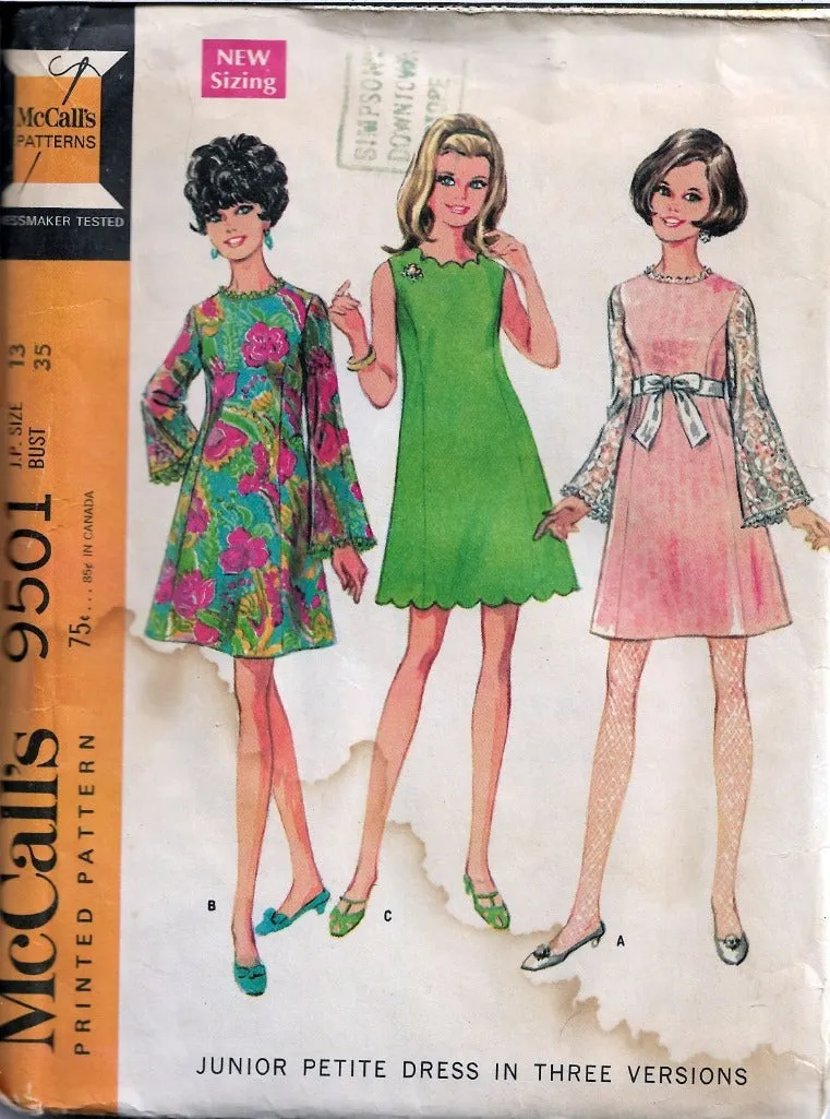 McCalls 9501 Ladies Junior Petite Shortie Dress Vintage Sewing Pattern 1960s