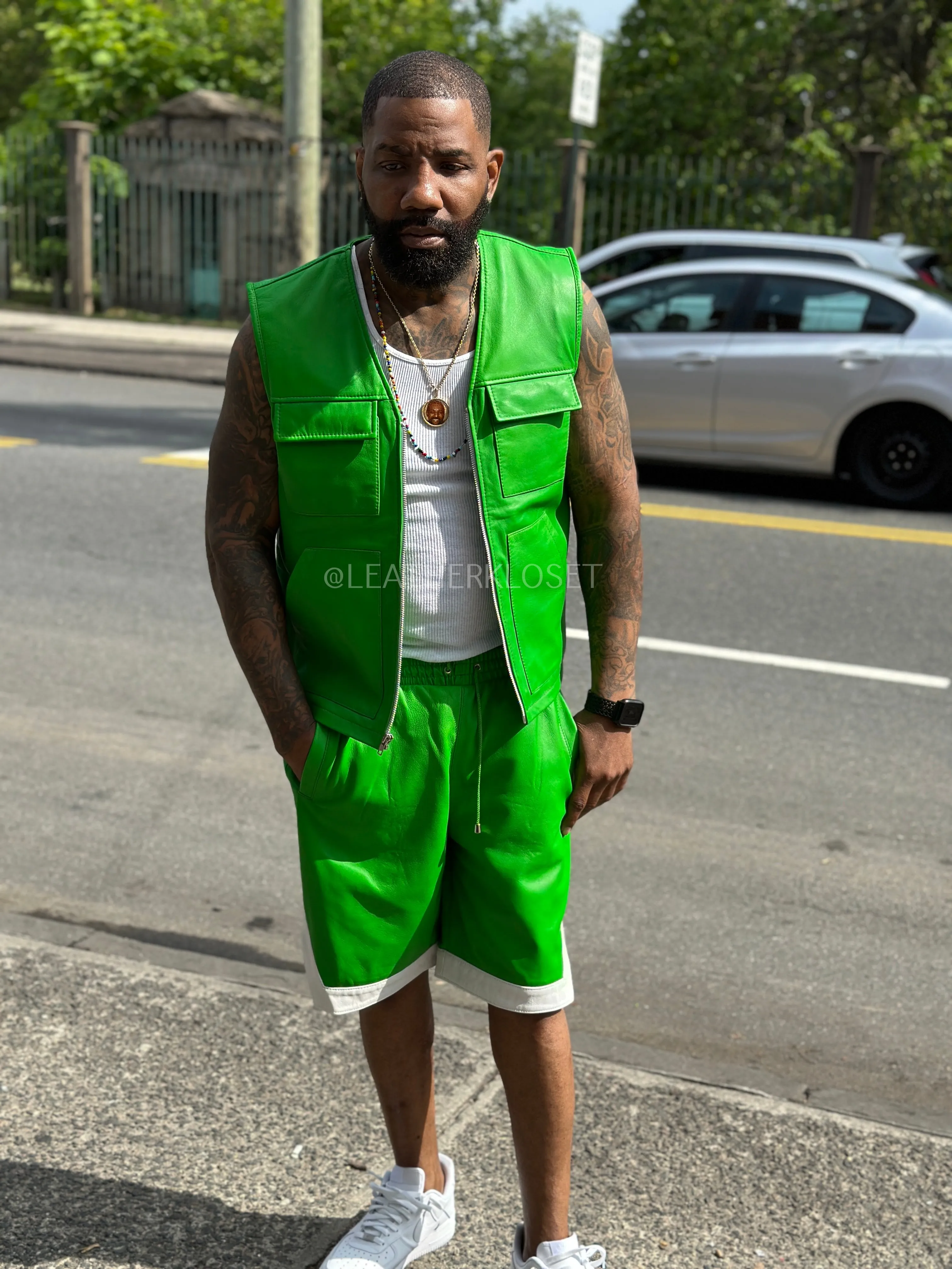 Men's 2 Live and Die Vest With Leather Shorts [Green]