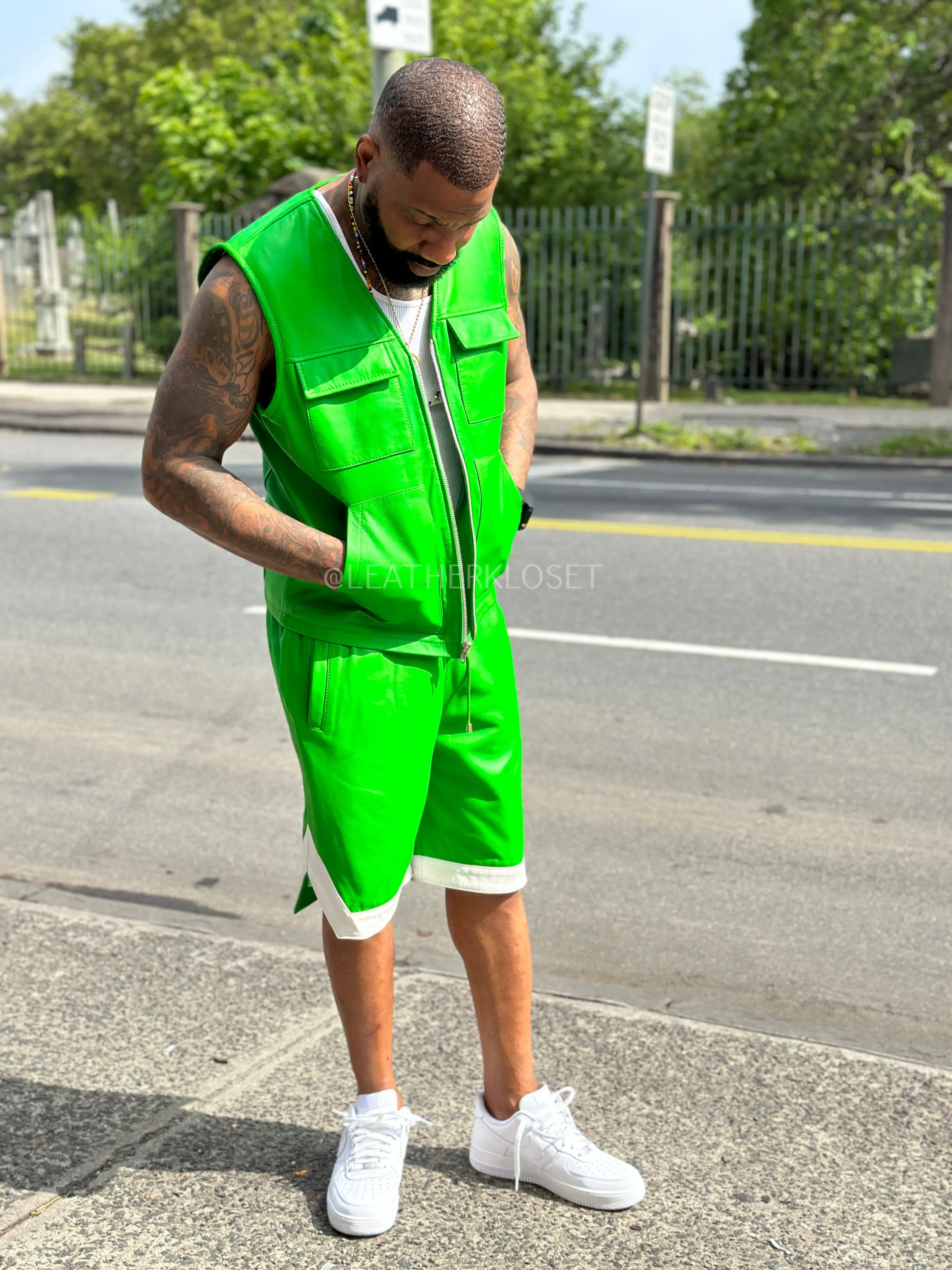 Men's 2 Live and Die Vest With Leather Shorts [Green]