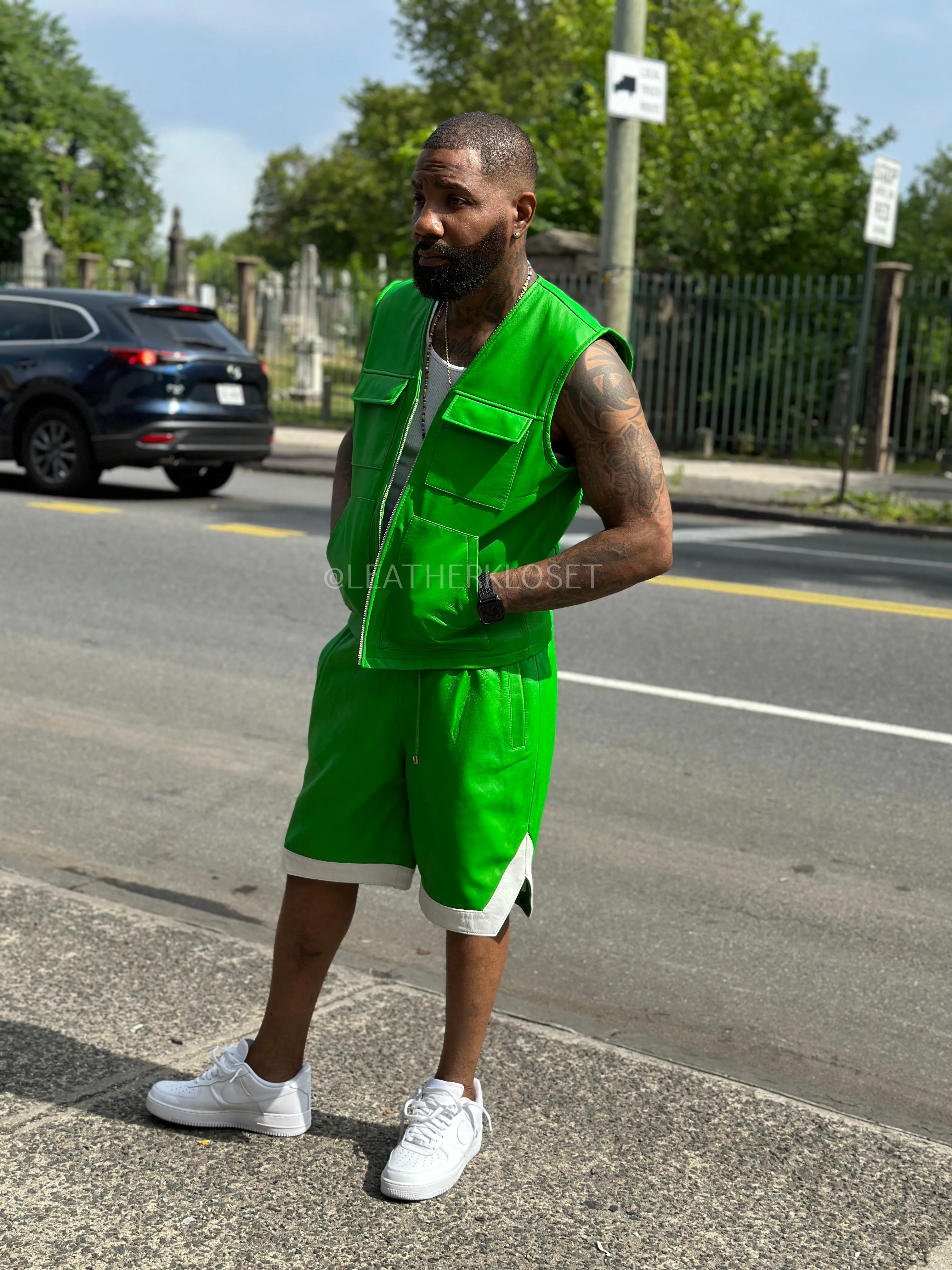 Men's 2 Live and Die Vest With Leather Shorts [Green]