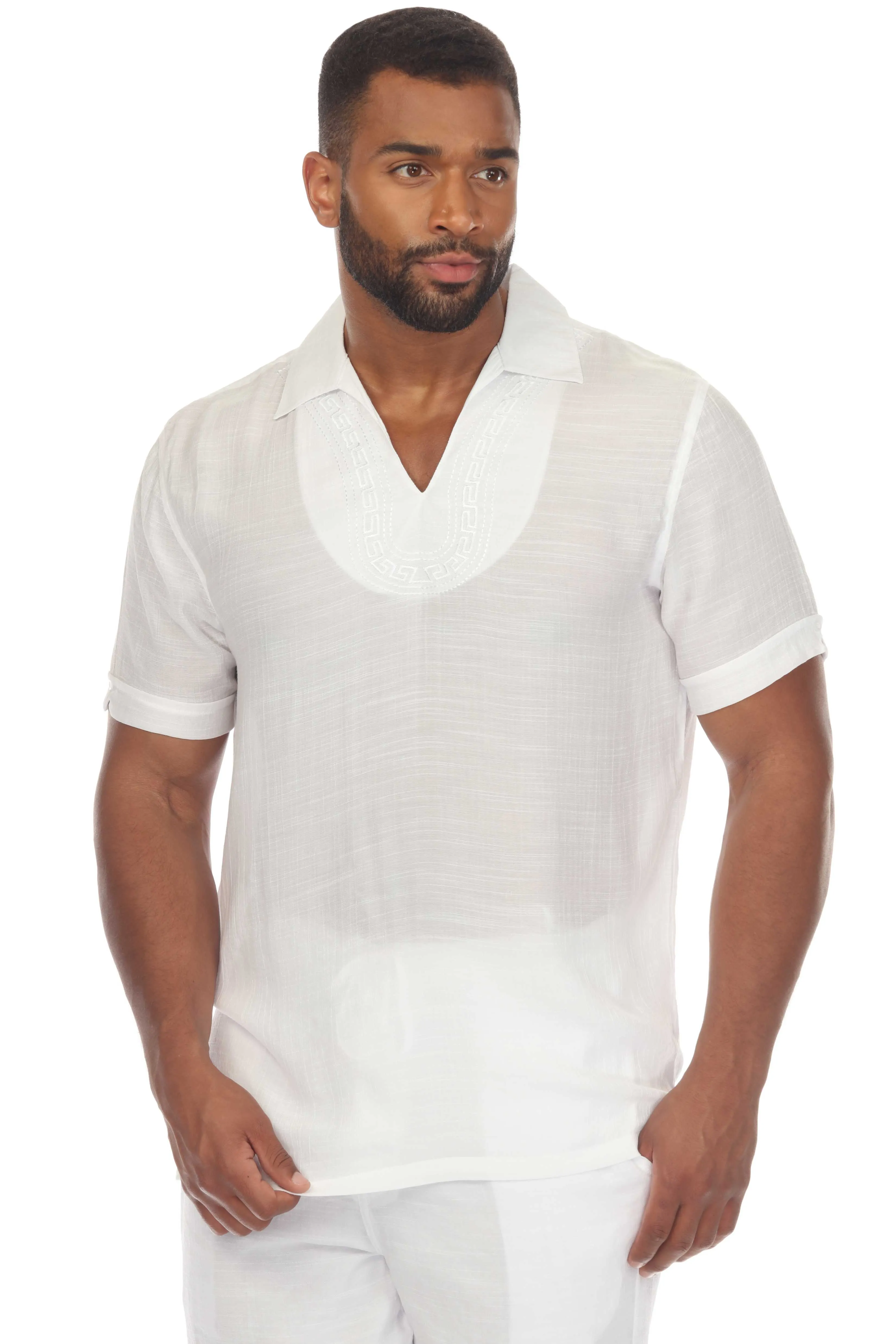 Men's Beach V-Neck Collar Shirt Short Sleeve with Embroidered Accent