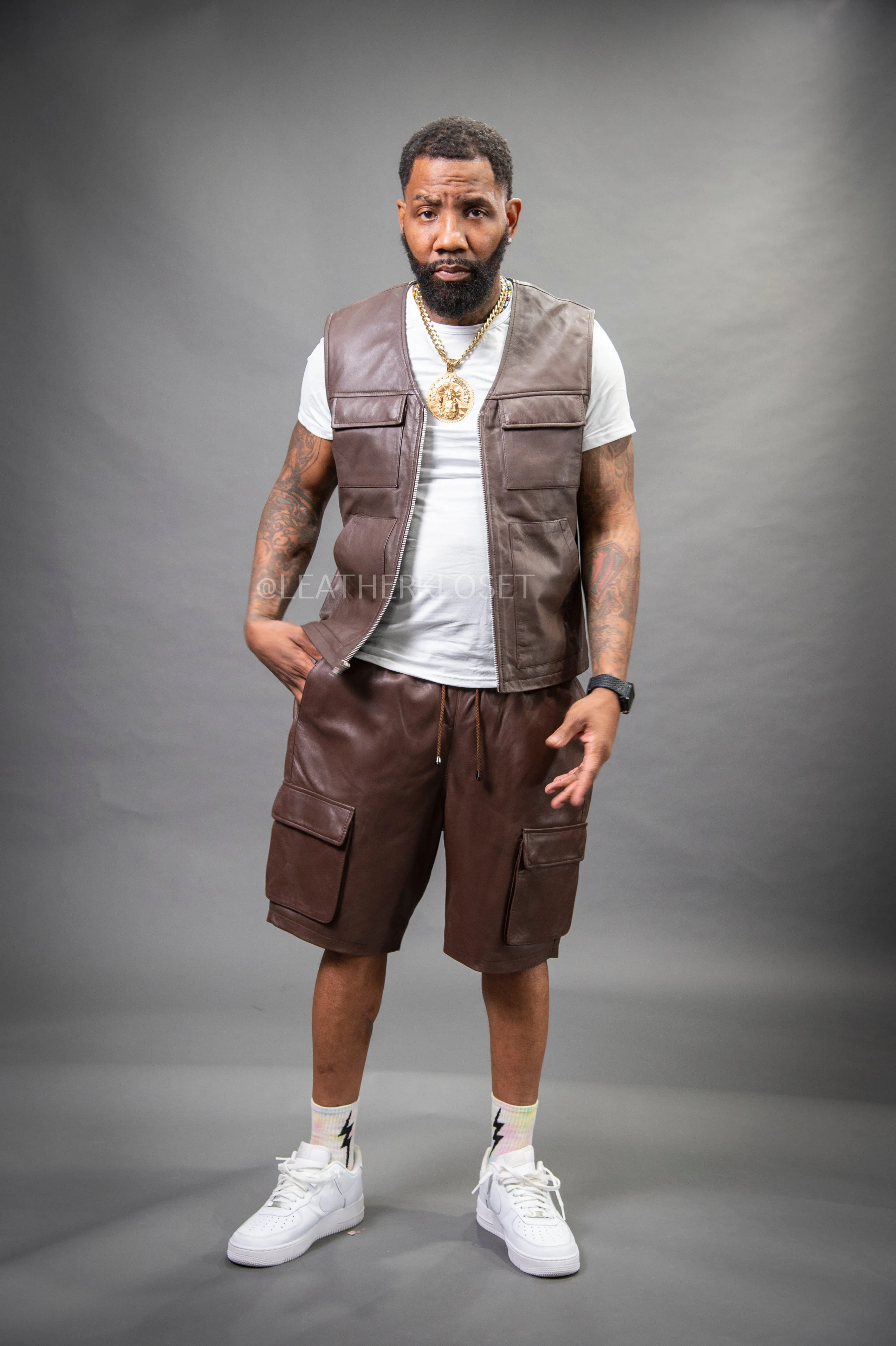 Men's Bless Set Leather Vest & Leather Cargo Shorts [Chocolate]