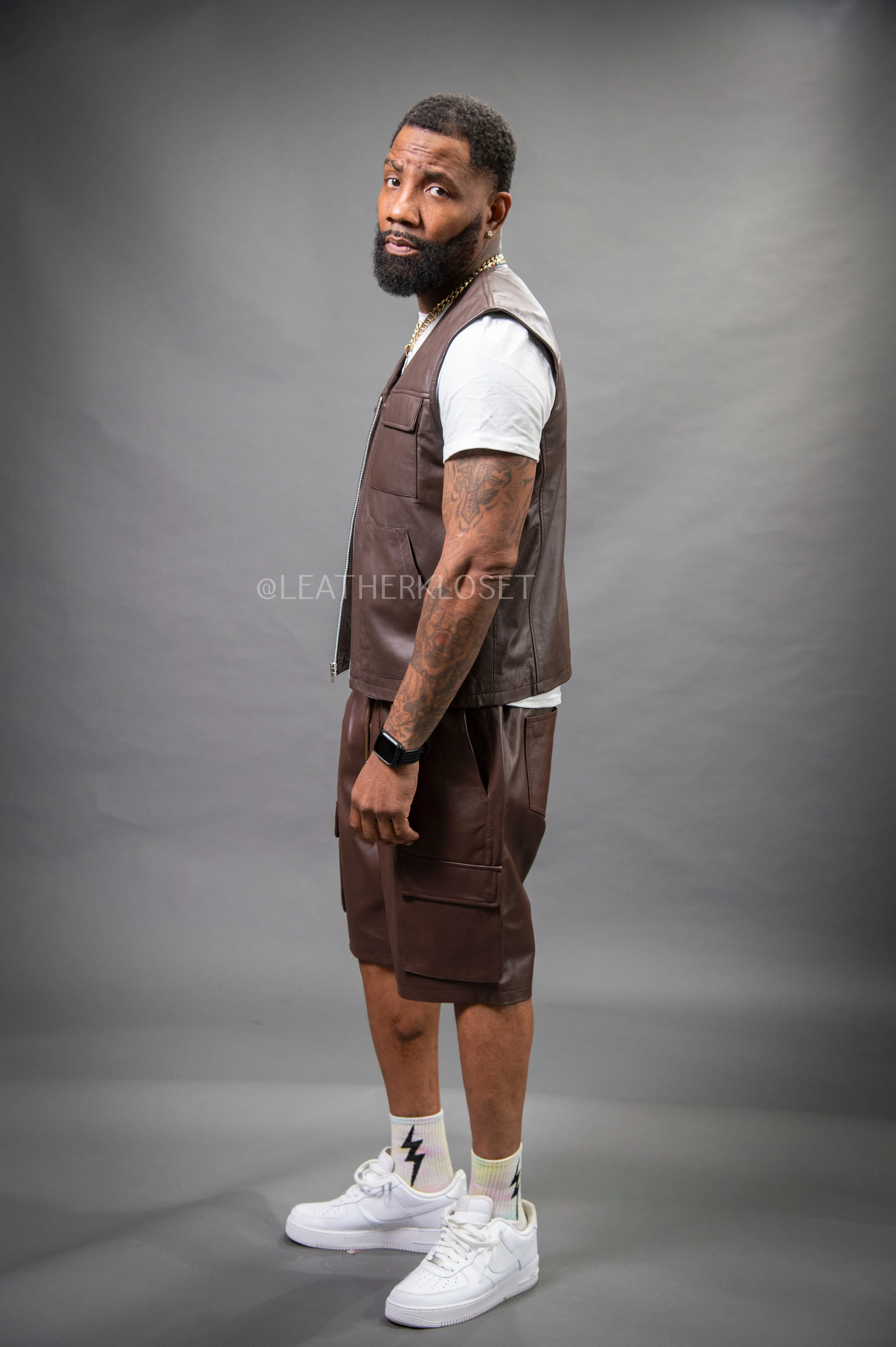 Men's Bless Set Leather Vest & Leather Cargo Shorts [Chocolate]