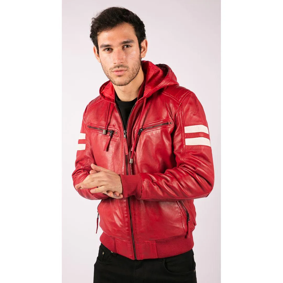 Mens Blue Black Hood Real Leather Bomber Jacket Red Stripes Quilted Slim Fit Casual