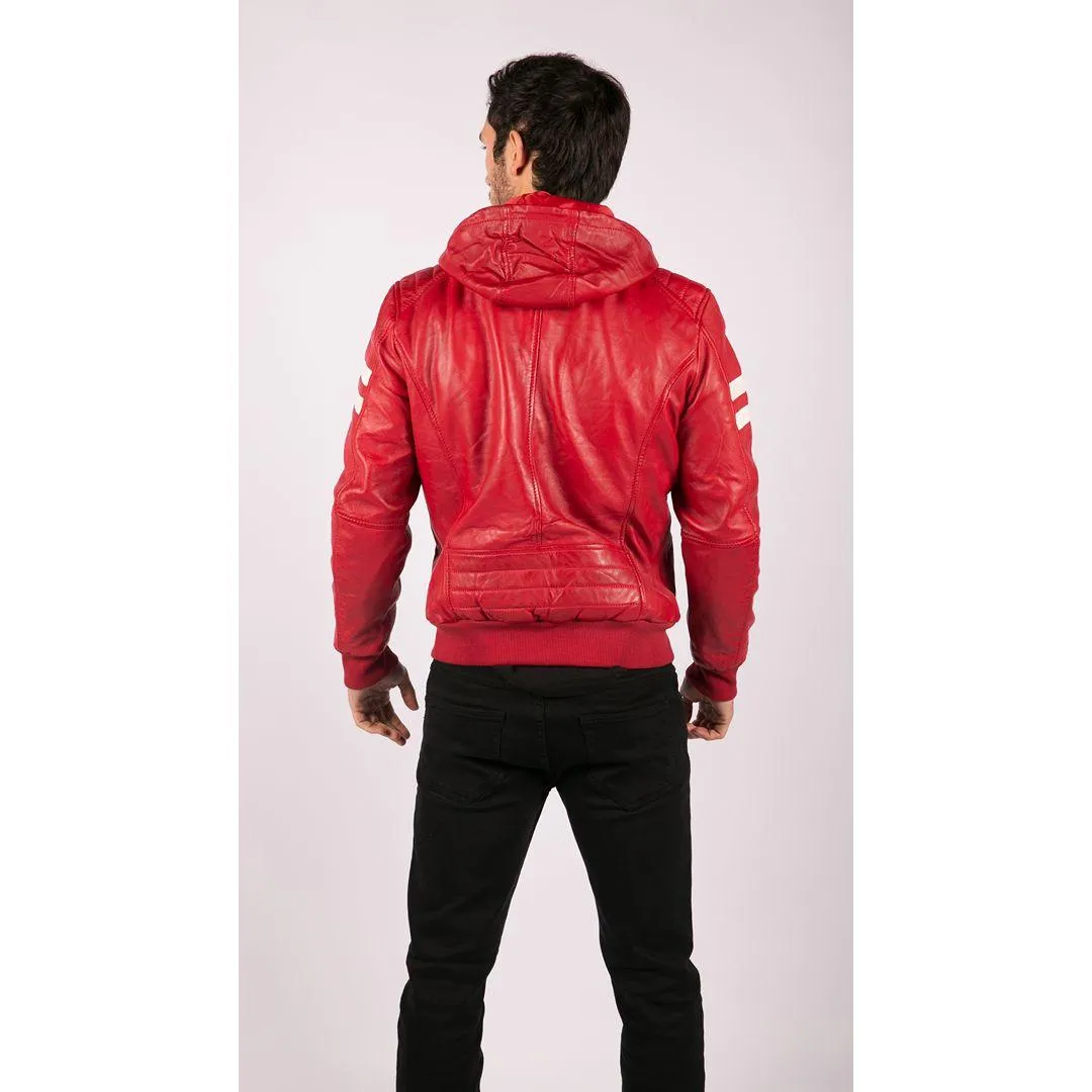 Mens Blue Black Hood Real Leather Bomber Jacket Red Stripes Quilted Slim Fit Casual