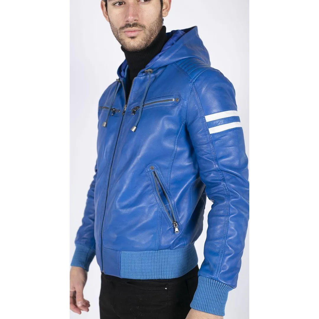 Mens Blue Black Hood Real Leather Bomber Jacket Red Stripes Quilted Slim Fit Casual