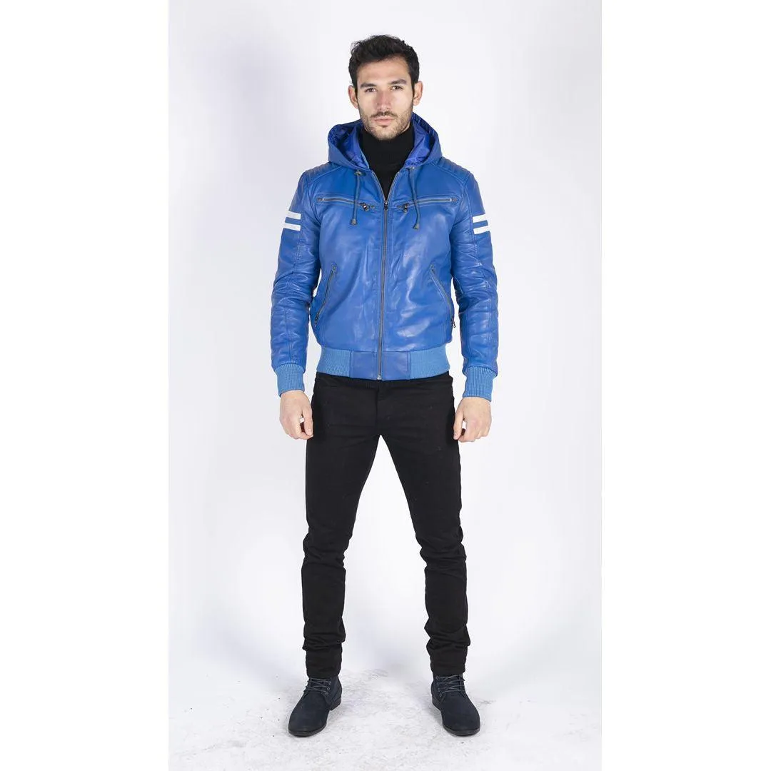 Mens Blue Black Hood Real Leather Bomber Jacket Red Stripes Quilted Slim Fit Casual