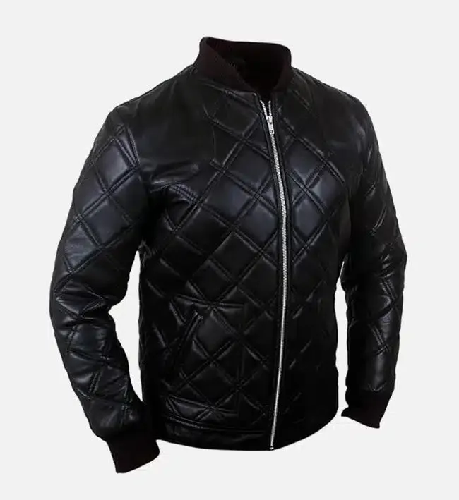 Men's Diamond Quilted Black Leather Bomber Jacket