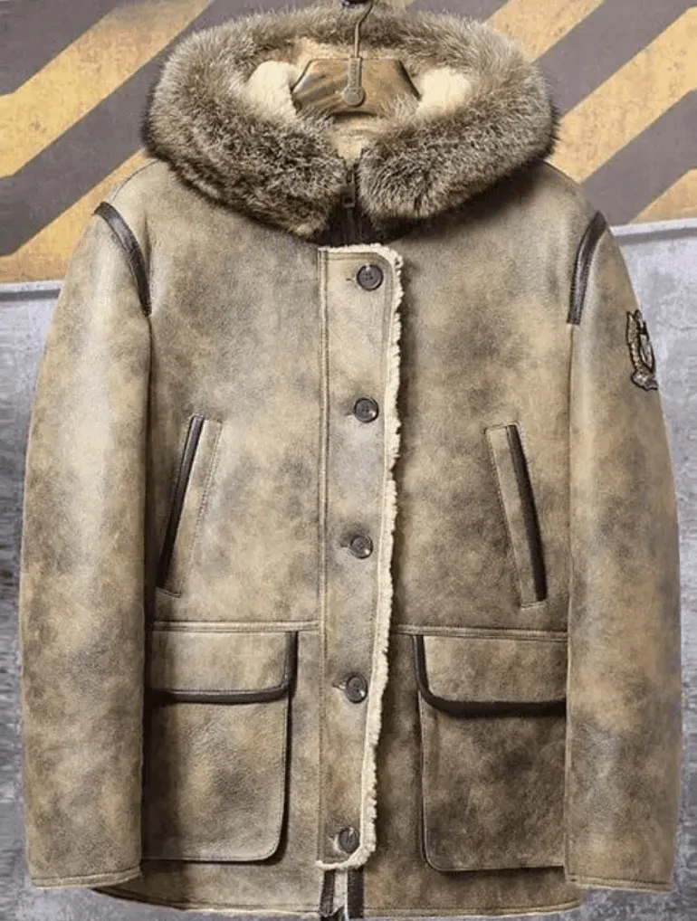 Mens Hooded Shearling Parka Leather Bomber Jacket