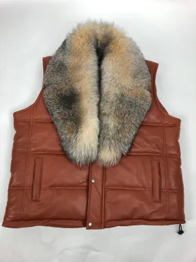 Men's Leather Bubble Vest With Full Fox Fur Collar