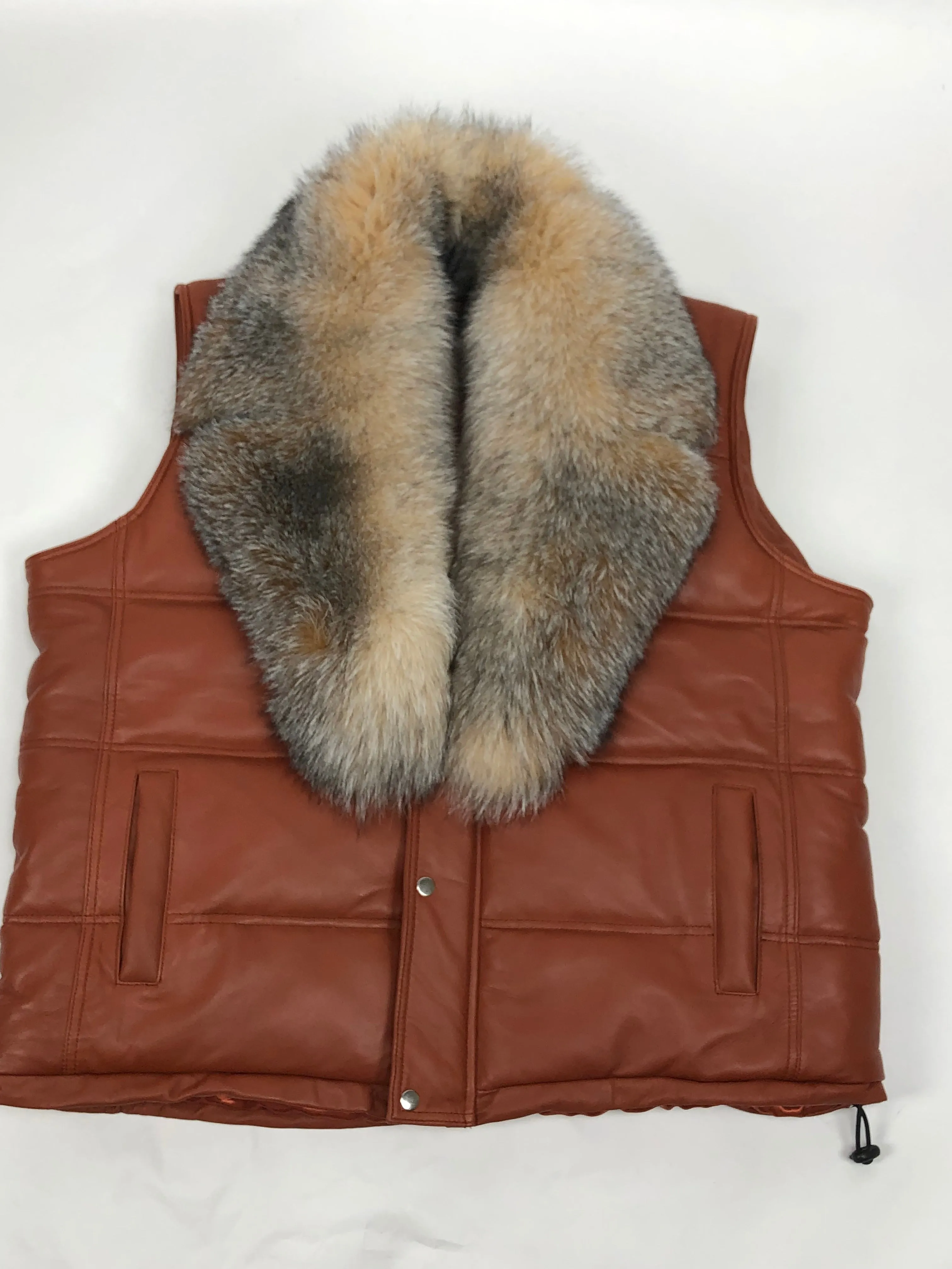 Men's Leather Bubble Vest With Full Fox Fur Collar