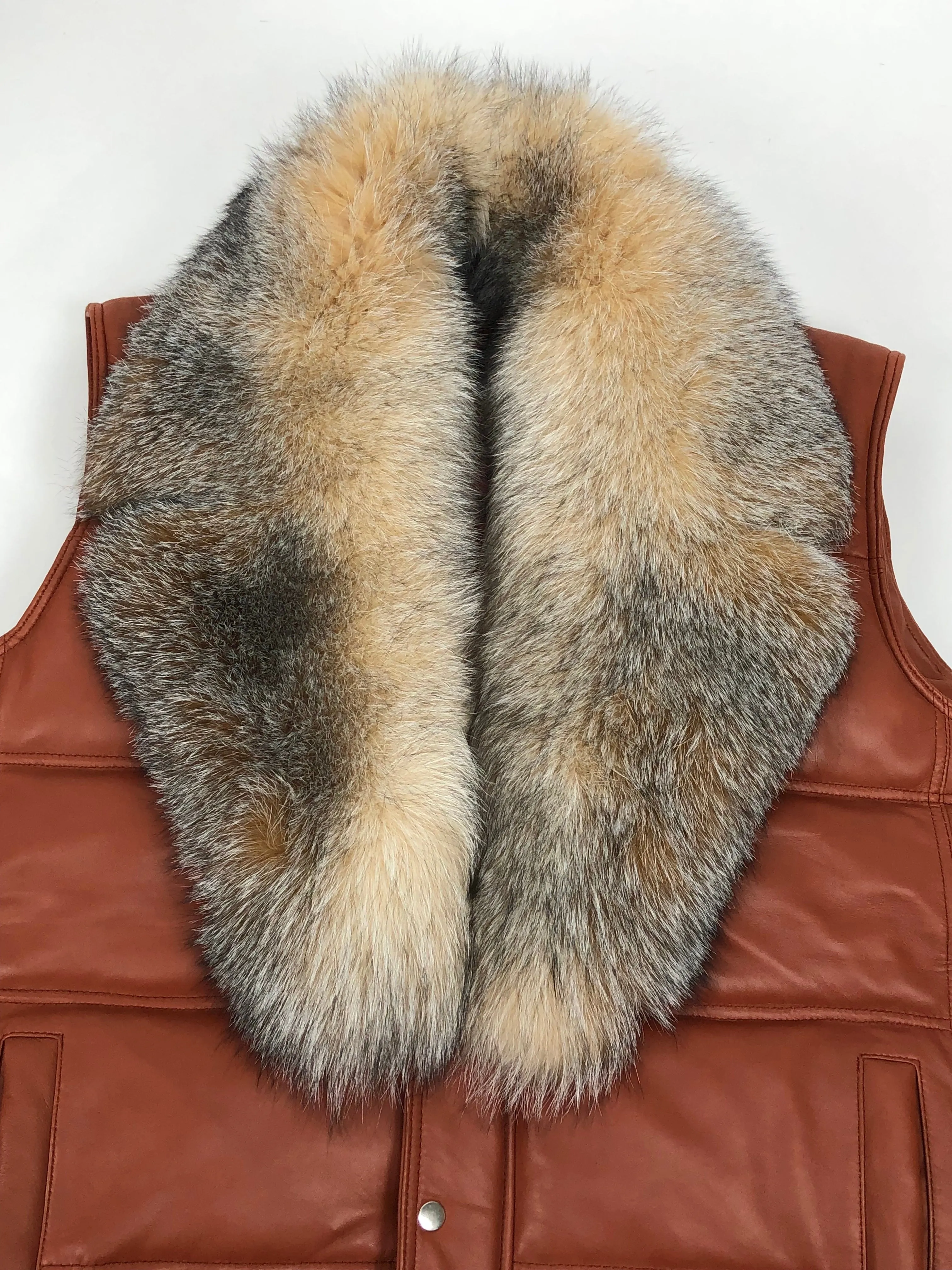 Men's Leather Bubble Vest With Full Fox Fur Collar