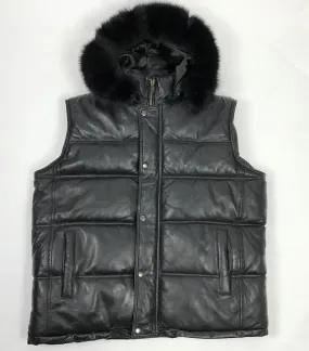 Men's Leather Bubble Vest With Premium Fox Fur Hood