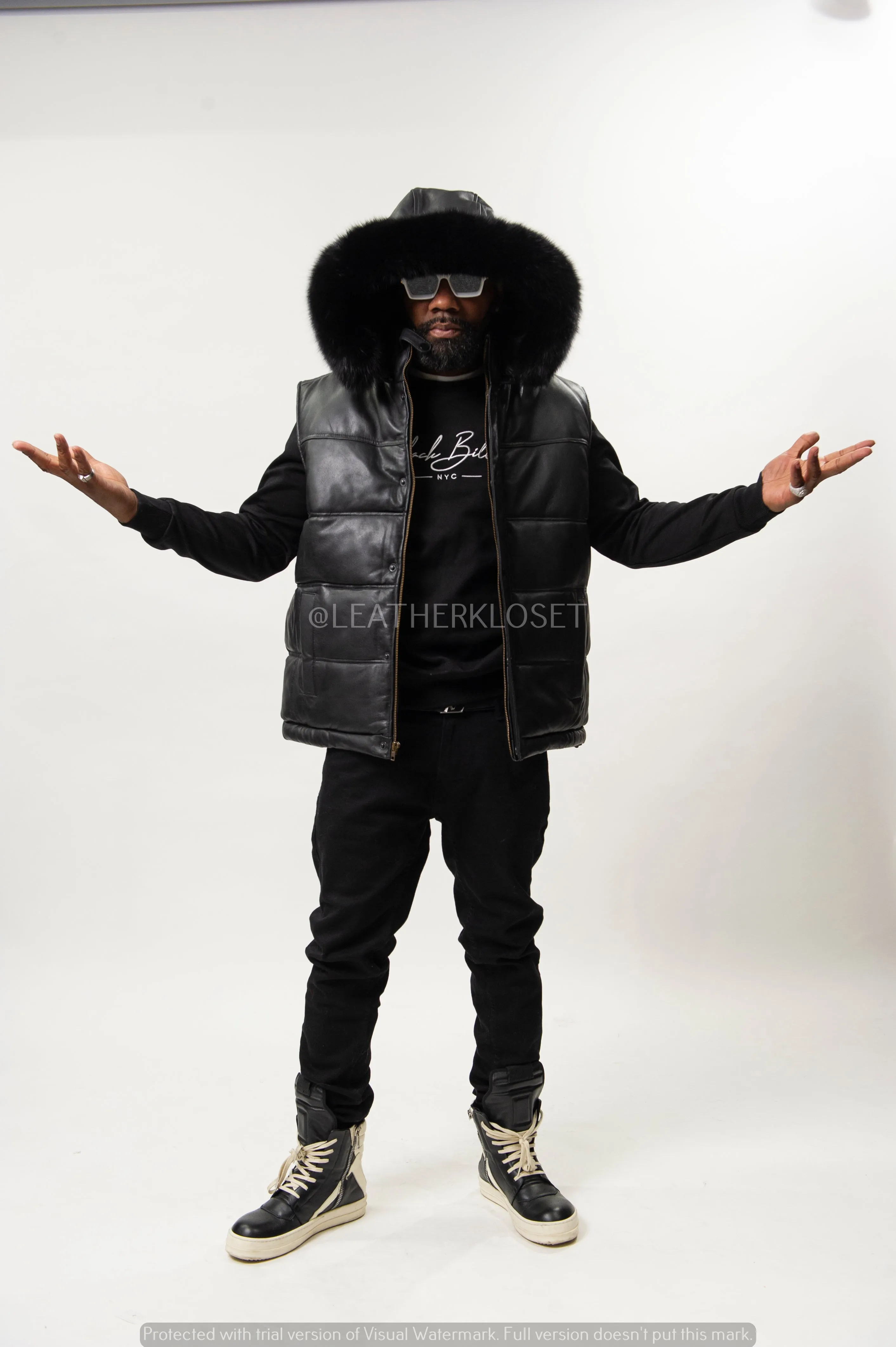 Men's Leather Bubble Vest With Premium Fox Fur Hood