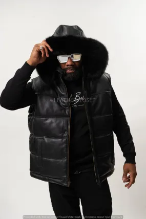 Men's Leather Bubble Vest With Premium Fox Fur Hood