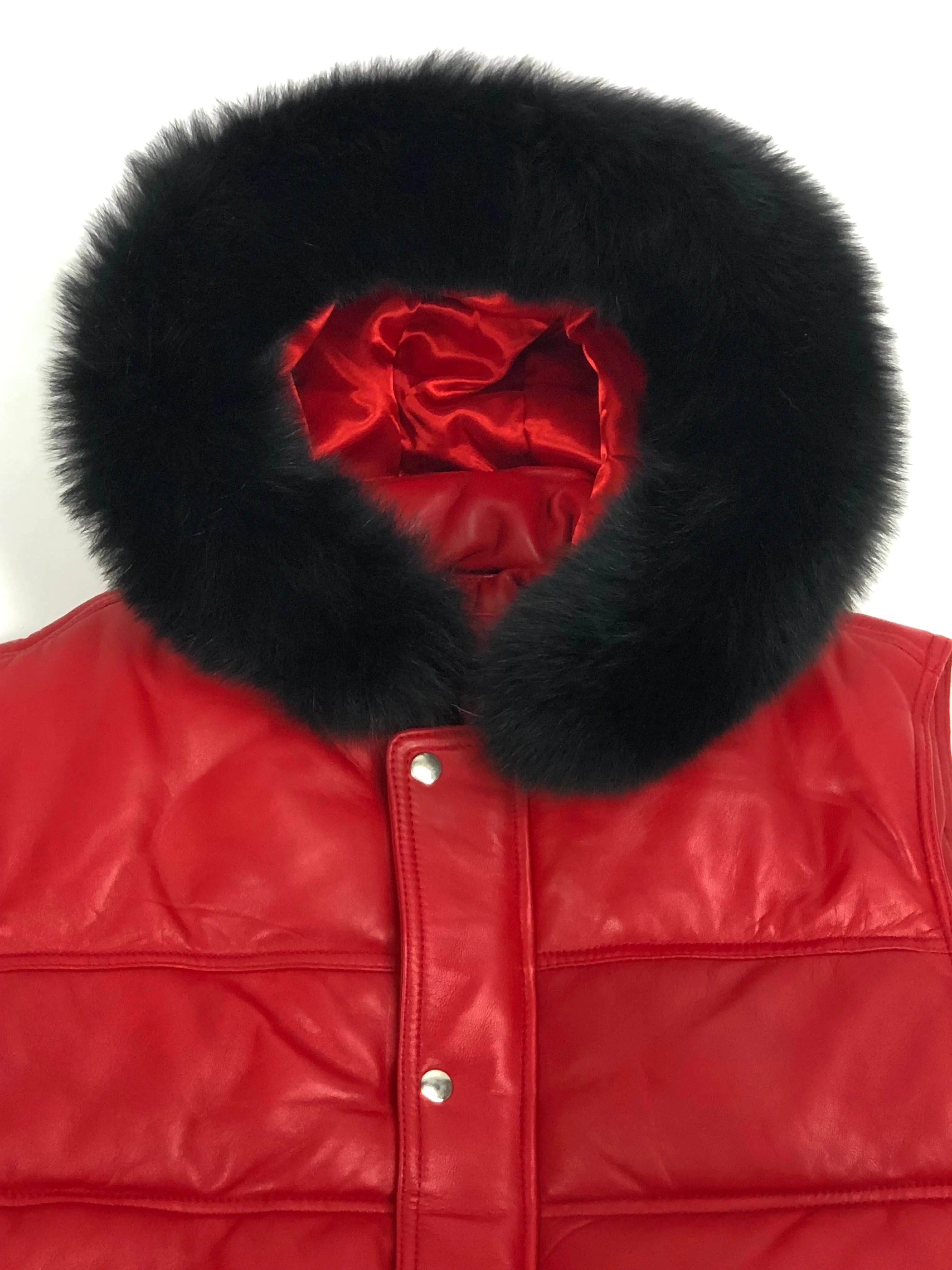 Men's Leather Bubble Vest With Premium Fox Fur Hood