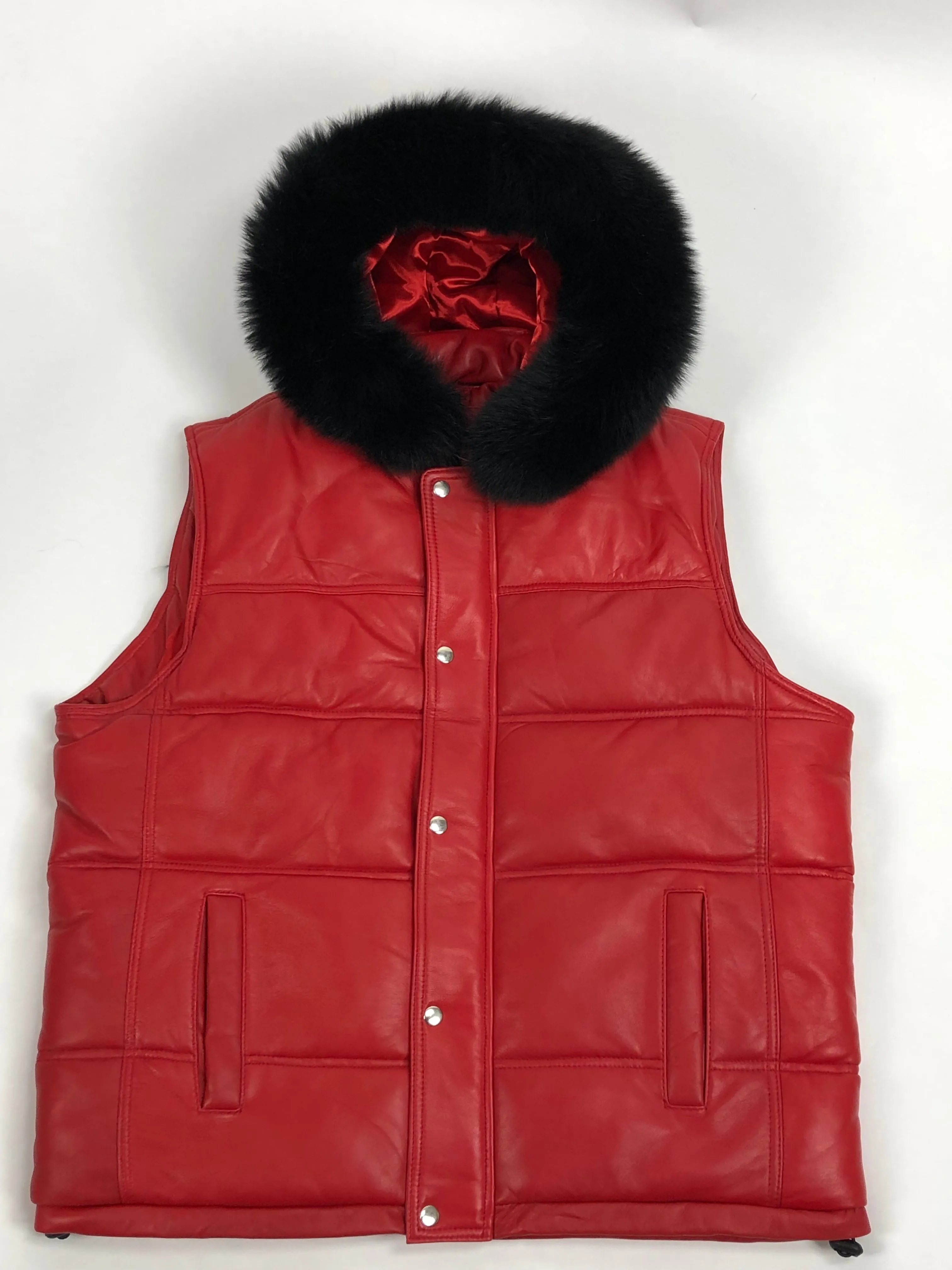 Men's Leather Bubble Vest With Premium Fox Fur Hood