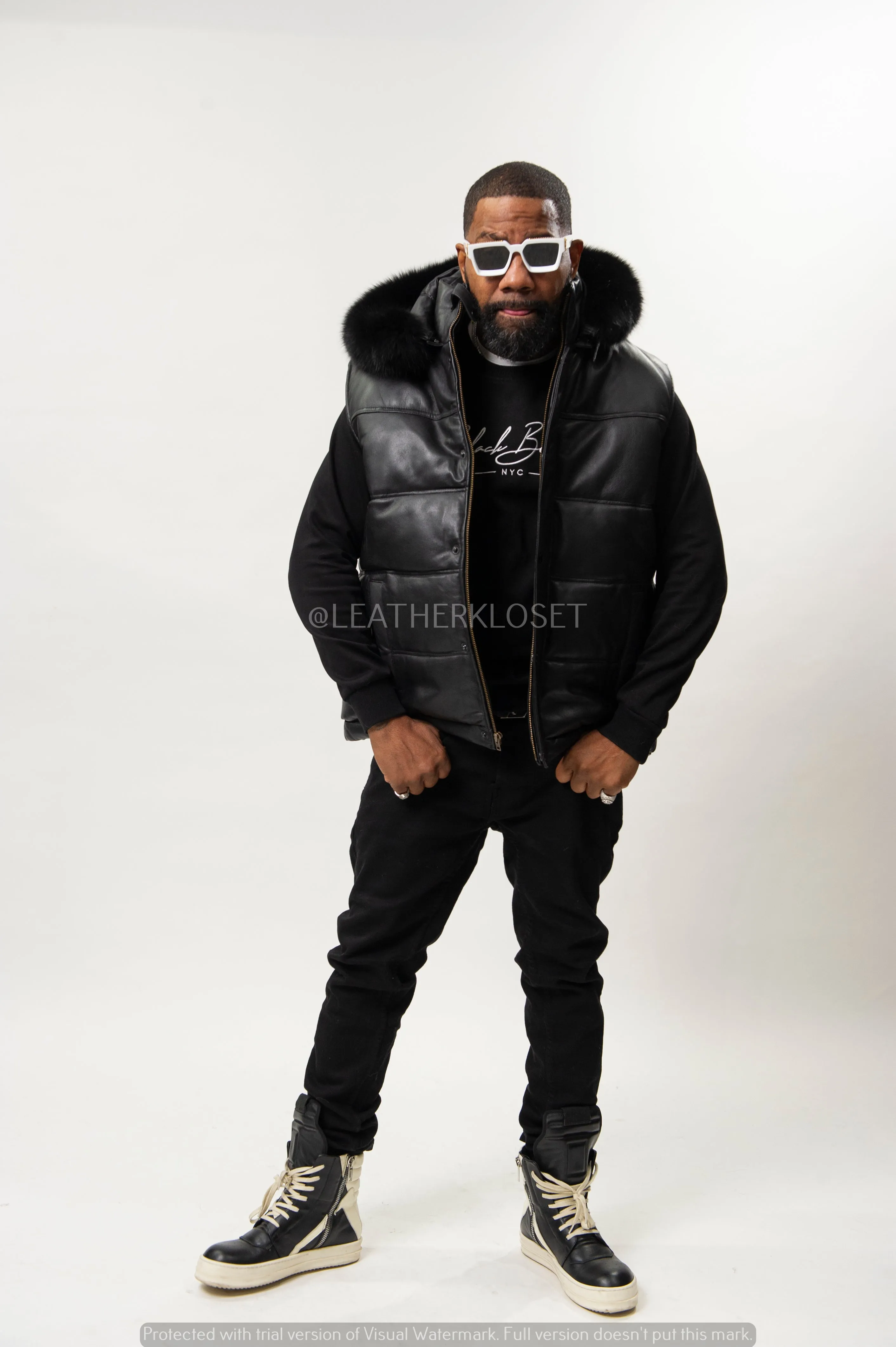 Men's Leather Bubble Vest With Premium Fox Fur Hood