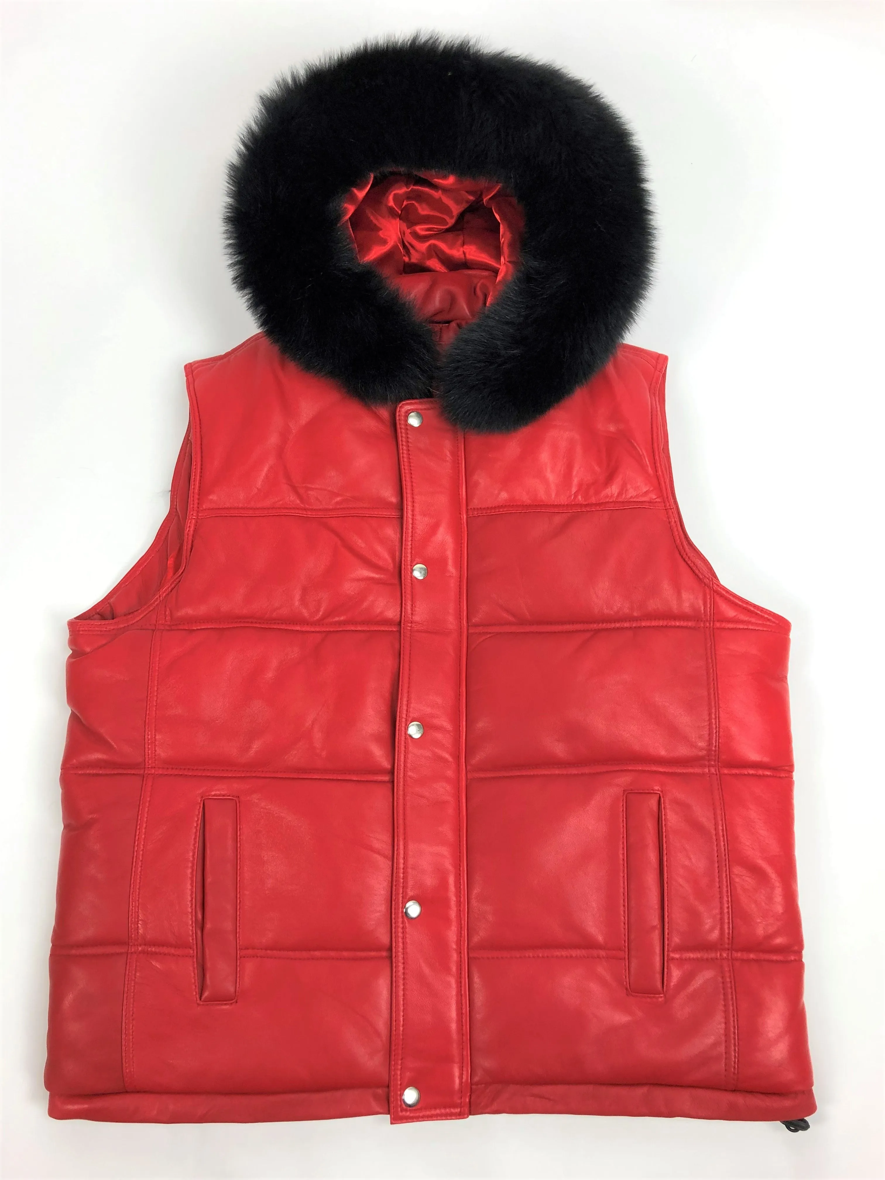 Men's Leather Bubble Vest With Premium Fox Fur Hood