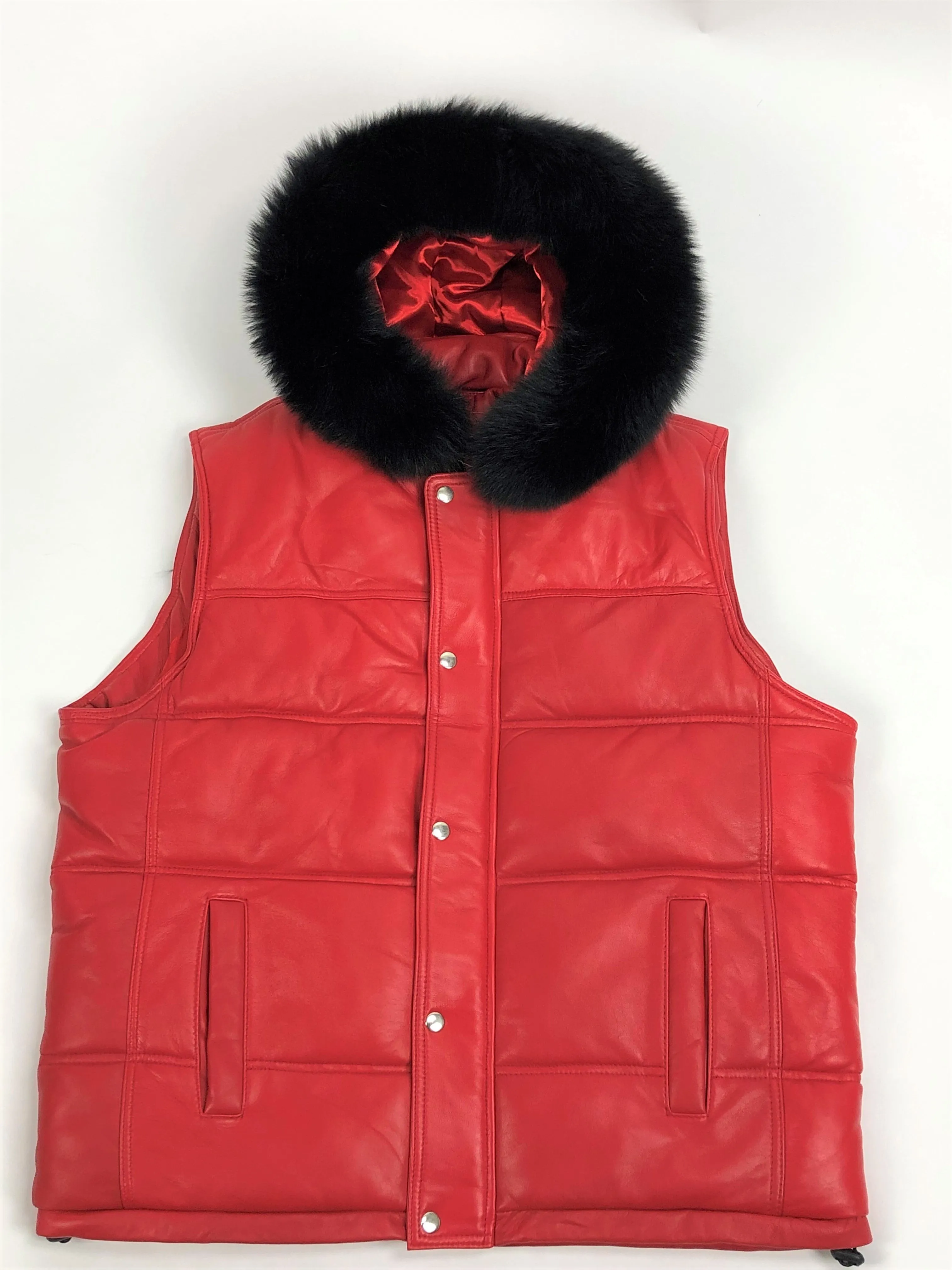 Men's Leather Bubble Vest With Premium Fox Fur Hood