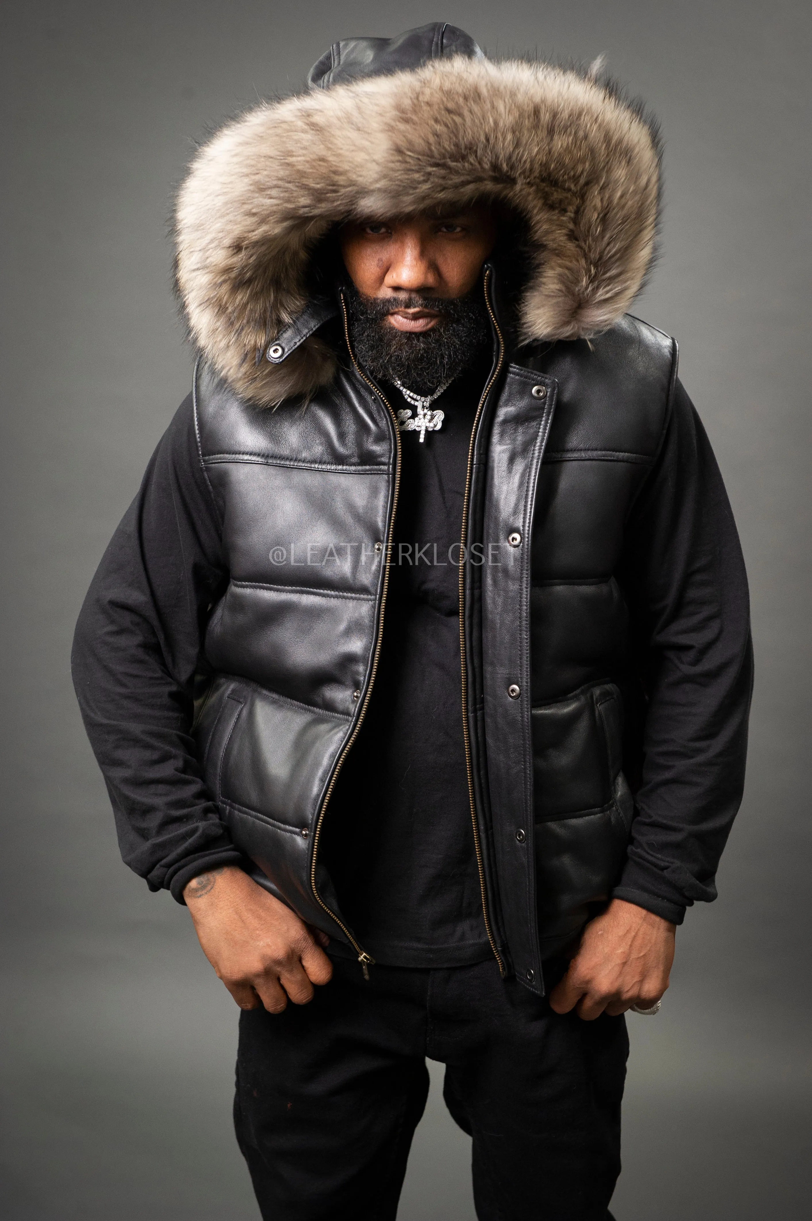 Men's Leather Bubble Vest With Premium Raccoon Fur Hood [Raccoon]