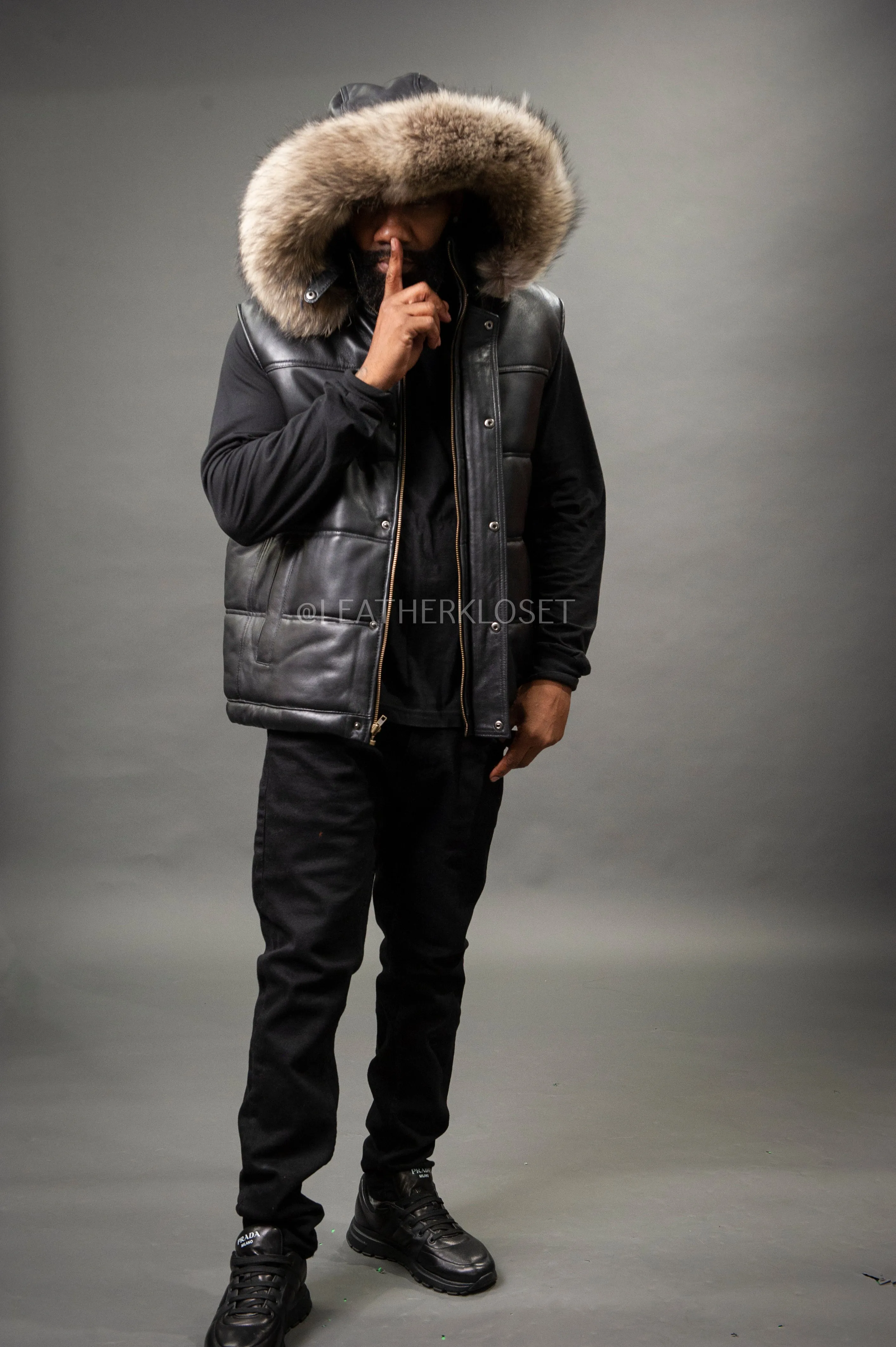 Men's Leather Bubble Vest With Premium Raccoon Fur Hood [Raccoon]