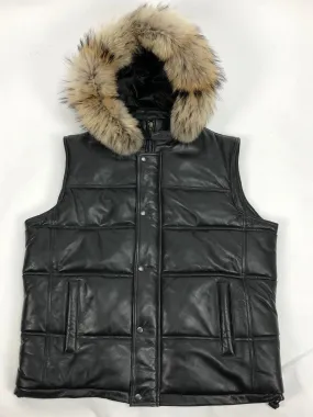 Men's Leather Bubble Vest With Premium Raccoon Fur Hood