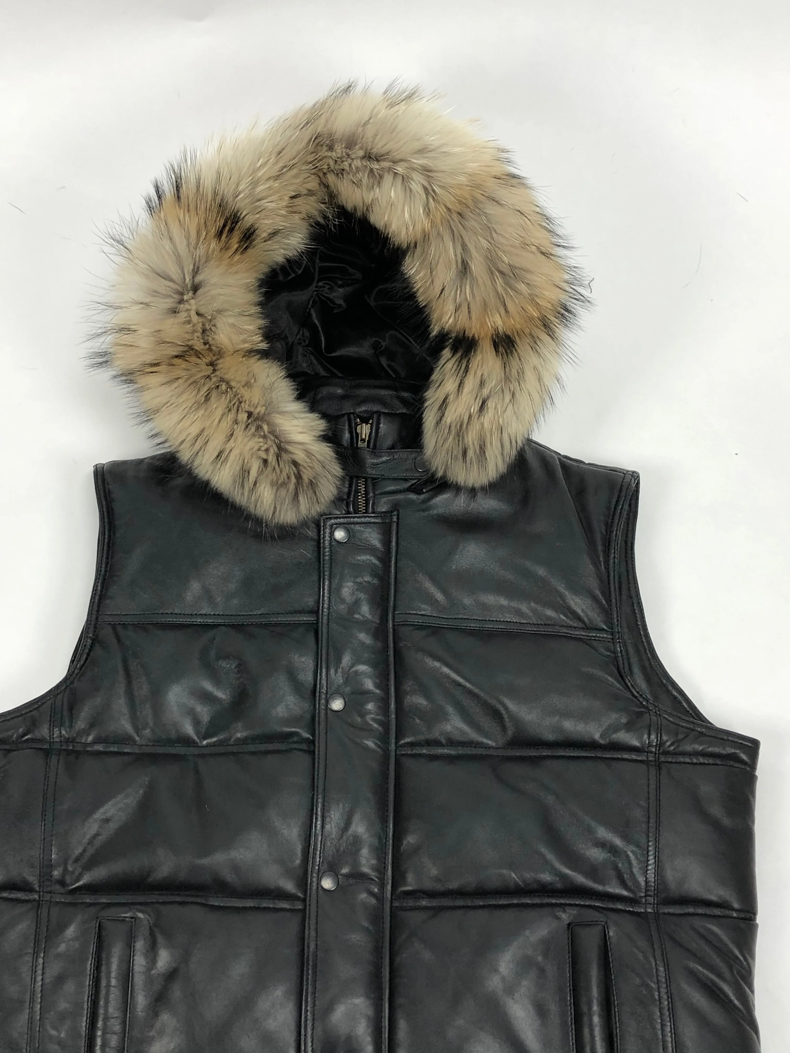 Men's Leather Bubble Vest With Premium Raccoon Fur Hood