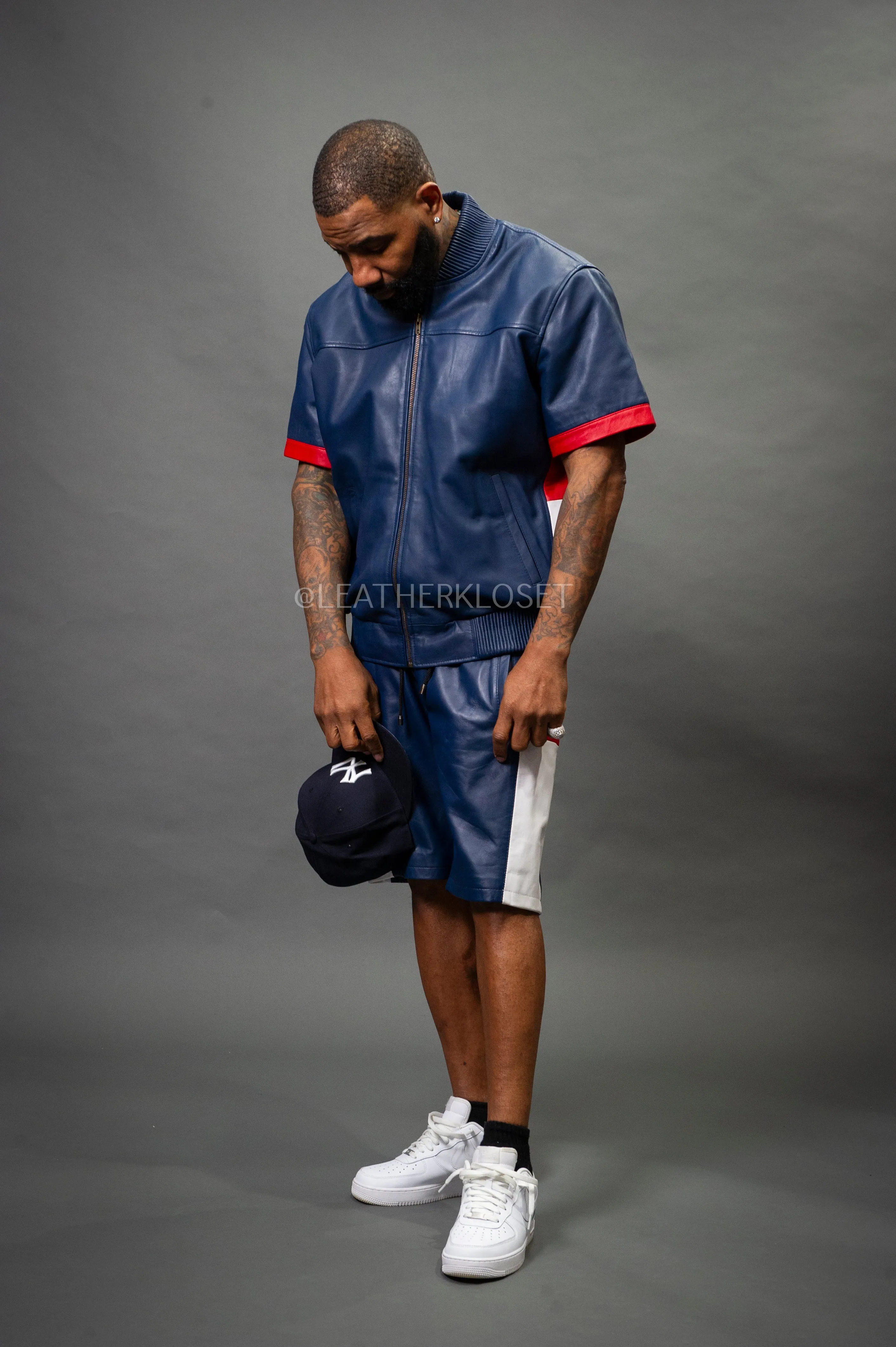 Men's Leo Leather Shorts and Jacket Set [Navy/Red/White]