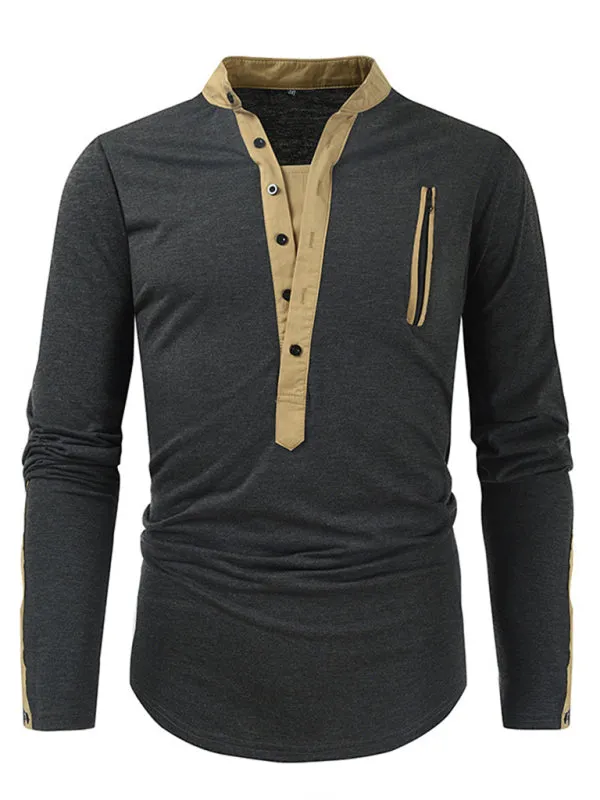 Men's New Outdoor Tactical Zipper Colorblock Henley Collar Long Sleeve T-Shirt