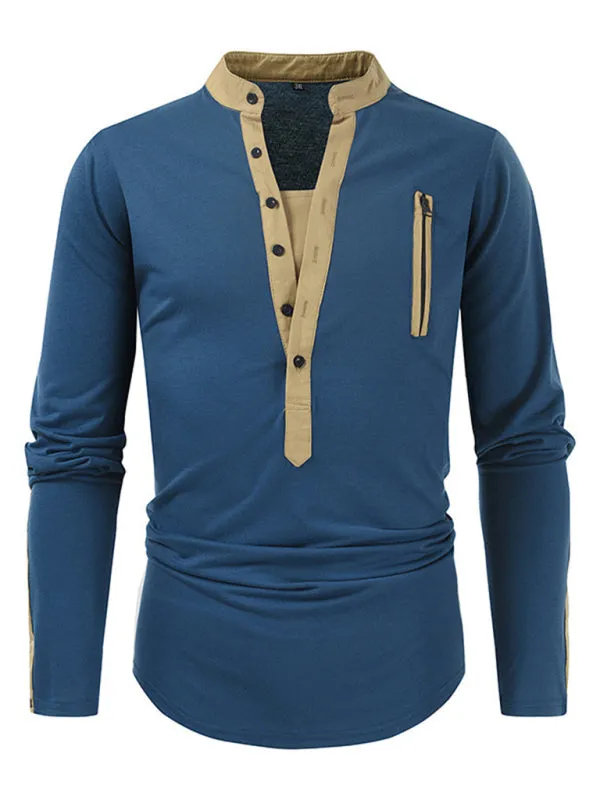 Men's New Outdoor Tactical Zipper Colorblock Henley Collar Long Sleeve T-Shirt