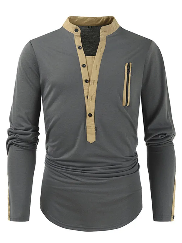 Men's New Outdoor Tactical Zipper Colorblock Henley Collar Long Sleeve T-Shirt