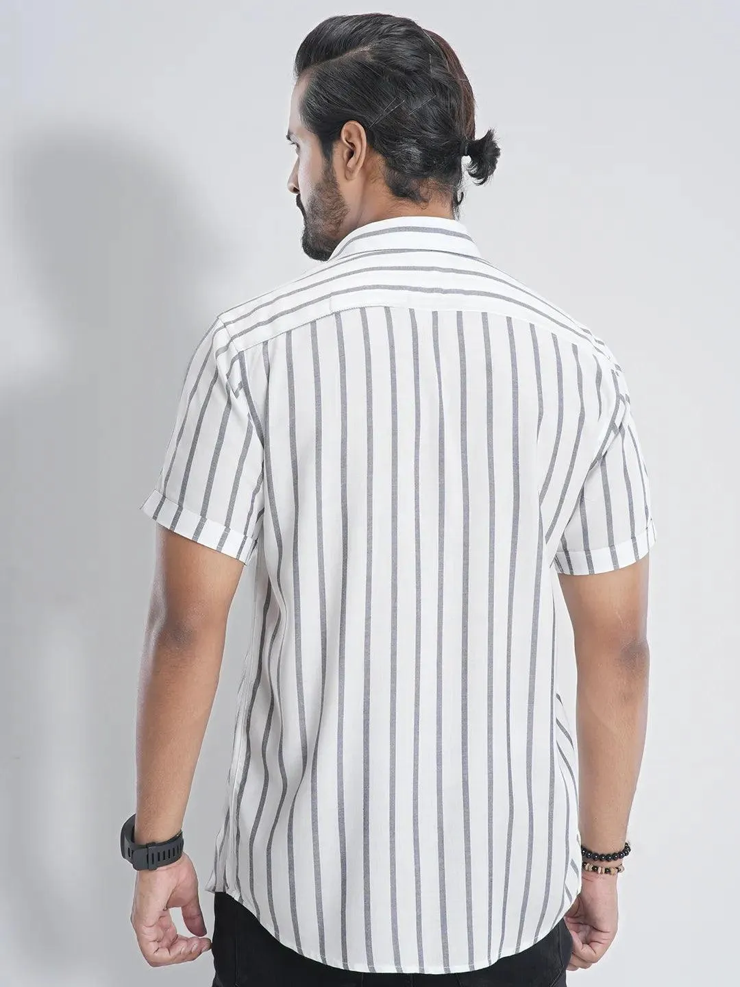 Men's Short Sleeve Casual Shirt in Stripe Pearl White