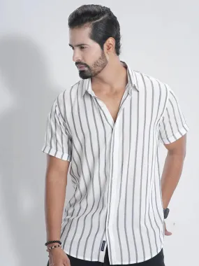 Men's Short Sleeve Casual Shirt in Stripe Pearl White