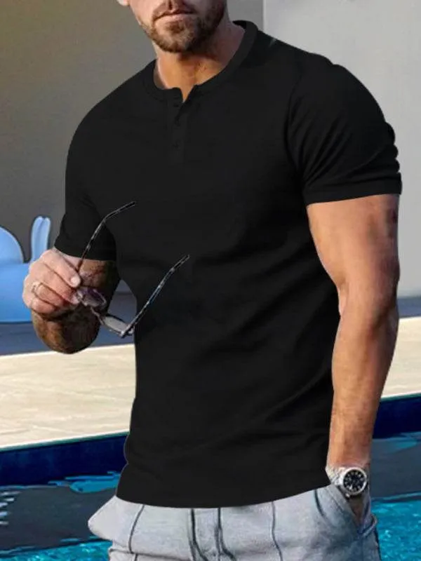 Men's Short Sleeve Henley Round Neck Slim Fit Athletic T-Shirt