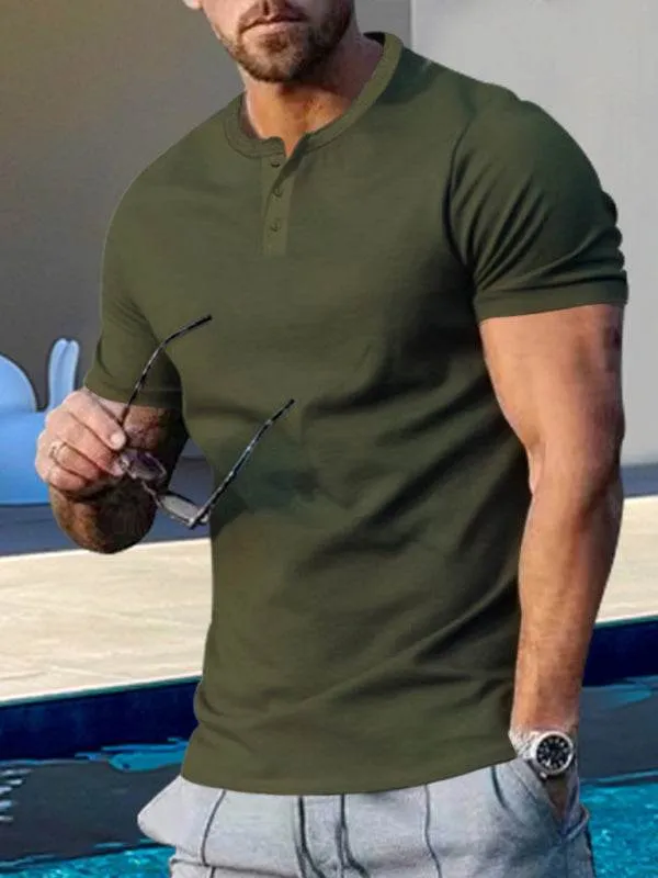 Men's Short Sleeve Henley Round Neck Slim Fit Athletic T-Shirt