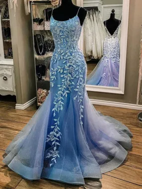 Mermaid Open Back Blue Lace Long Prom Dresses, Mermaid Blue Formal Dresses, Blue Lace Evening Dresses