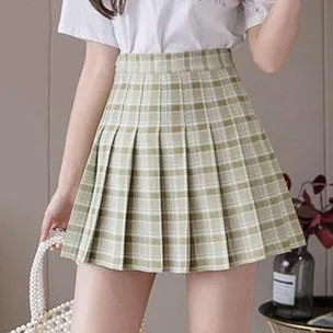 Milk Tea High Waist Pleated Paid Skirt SD00398