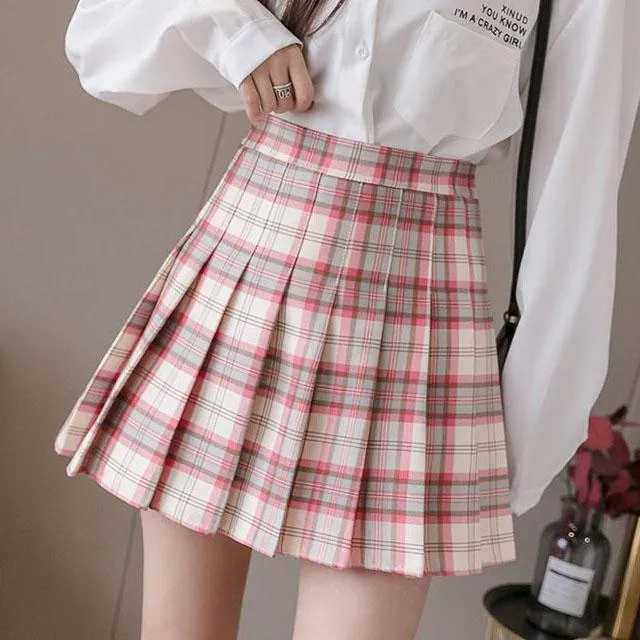 Milk Tea High Waist Pleated Paid Skirt SD00398