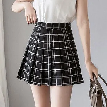 Milk Tea High Waist Pleated Paid Skirt SD00398