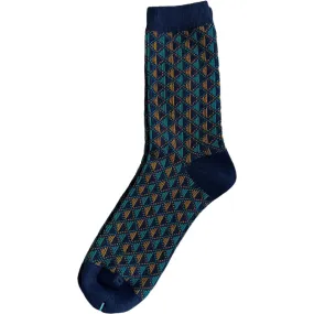 Navy Blue Diamond Quilted Pattern Mens Crew Socks