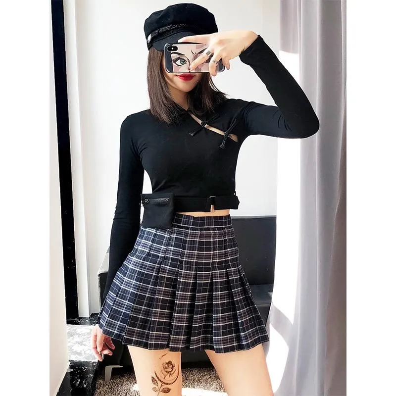 Navy Blue Plaid Pleated High Waist Skirt SD00619