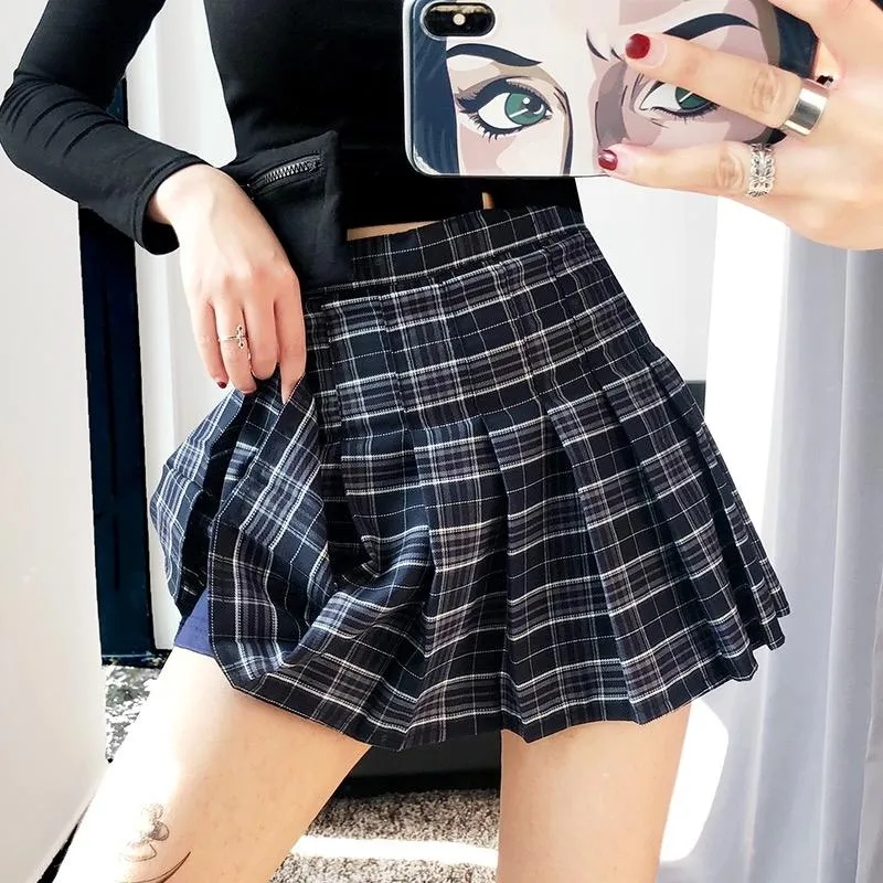 Navy Blue Plaid Pleated High Waist Skirt SD00619