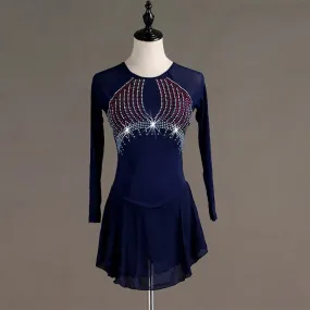 Navy Blue With Red Rhinestones Long Sleeved Figure Skating Dress