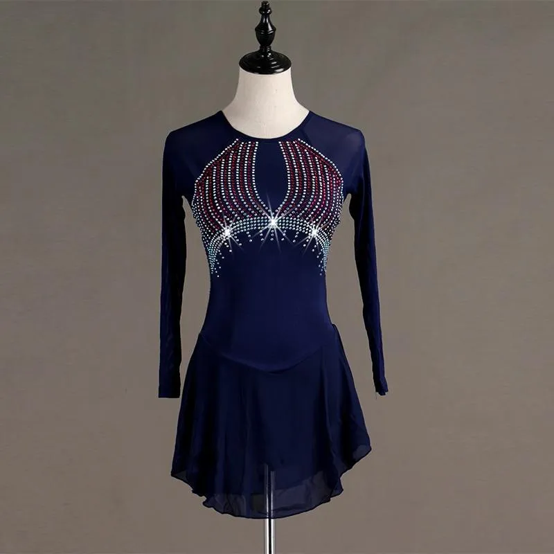 Navy Blue With Red Rhinestones Long Sleeved Figure Skating Dress