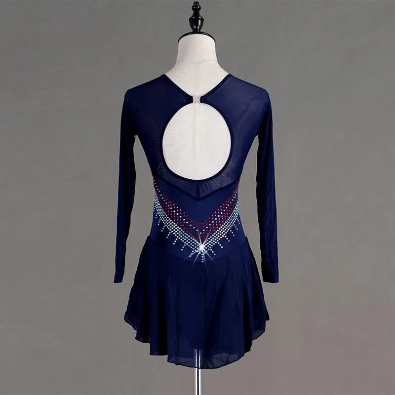 Navy Blue With Red Rhinestones Long Sleeved Figure Skating Dress